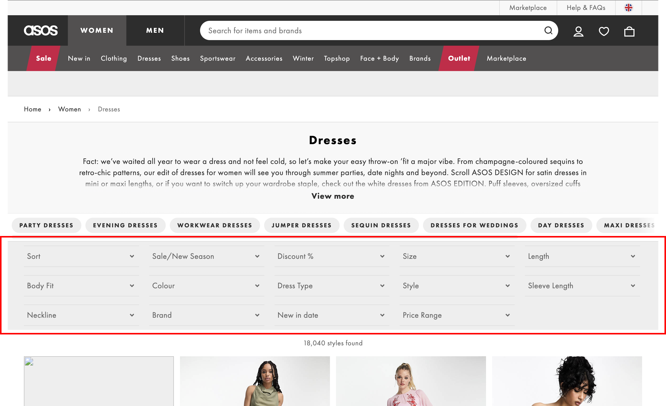 A screenshot of Asos' dresses PLP from October 2022 for comp analysis showing horizontal filters