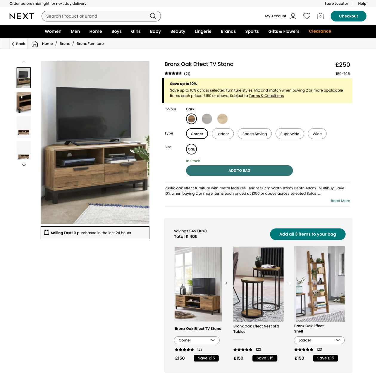 An image of the very first initial design for bundles in Home & Furniture showing a TV stand with a section offering the user the ability to buy the TV stand a nest of coffee tables and a shelf all in the Bronx style.