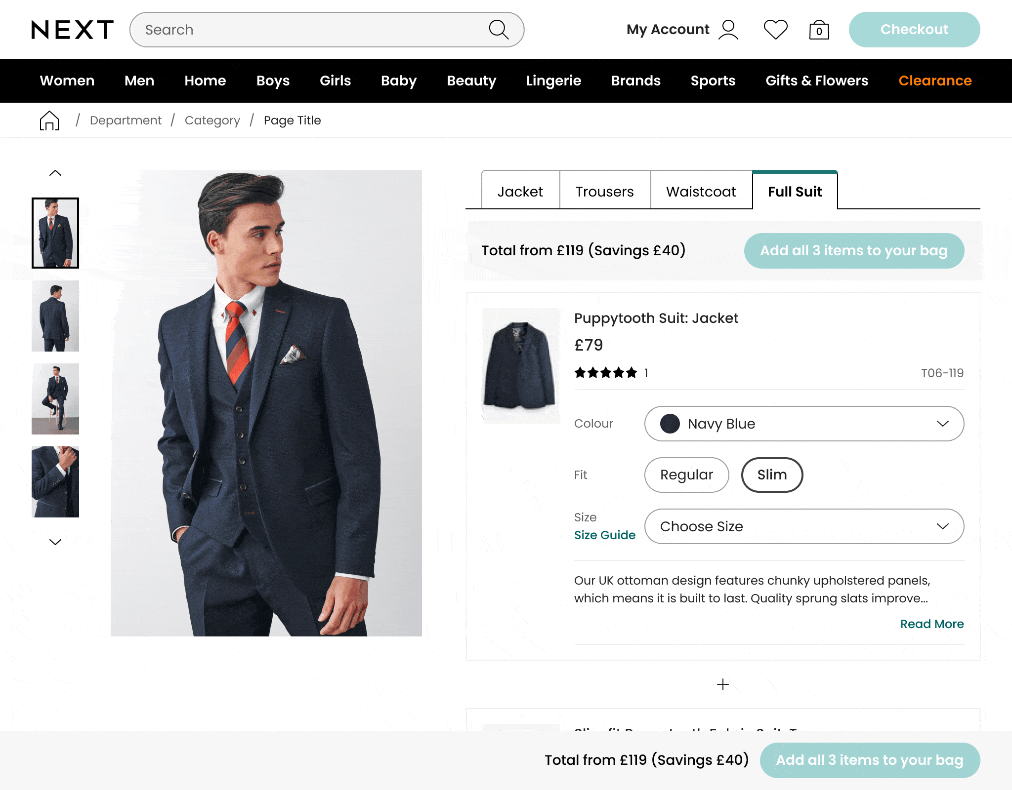 An animated prototype of the bundles page with tabs showing a suit with jacket, trousers and a waistcoat all able to be bought in a bundle or seperately