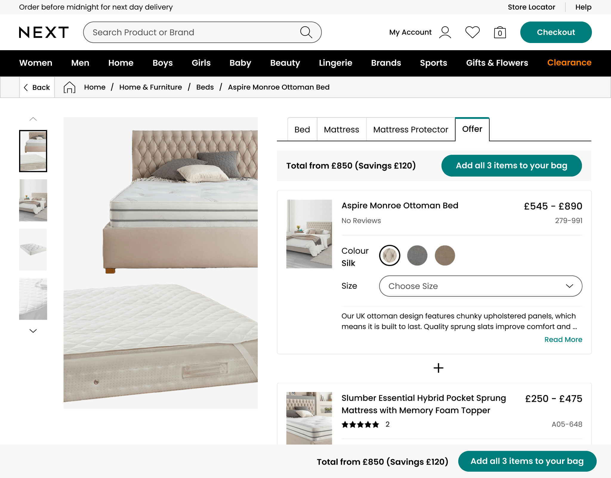 An animated prototype of the bundles page with tabs showing a bed, mattress and mattress protector on desktop