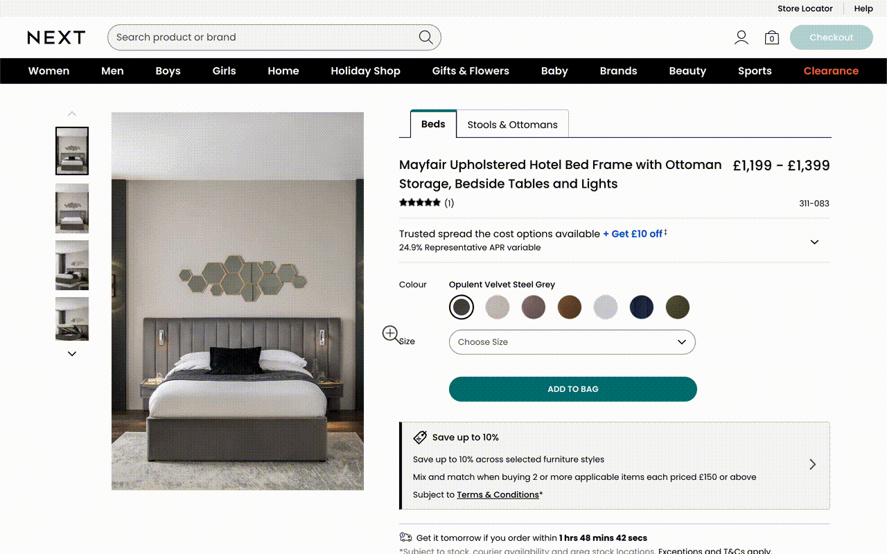 A gif showing the live implementation of tabs on a home item showing bed and stools & ottomans on desktop