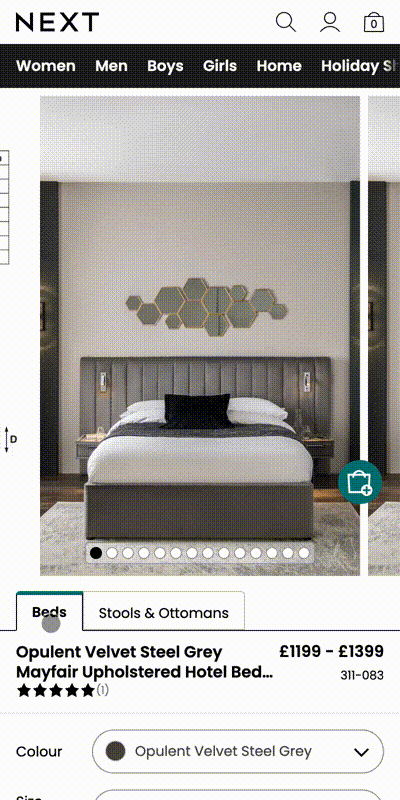 A gif showing the live implementation of tabs on a home item showing bed and stools & ottomans on mobile