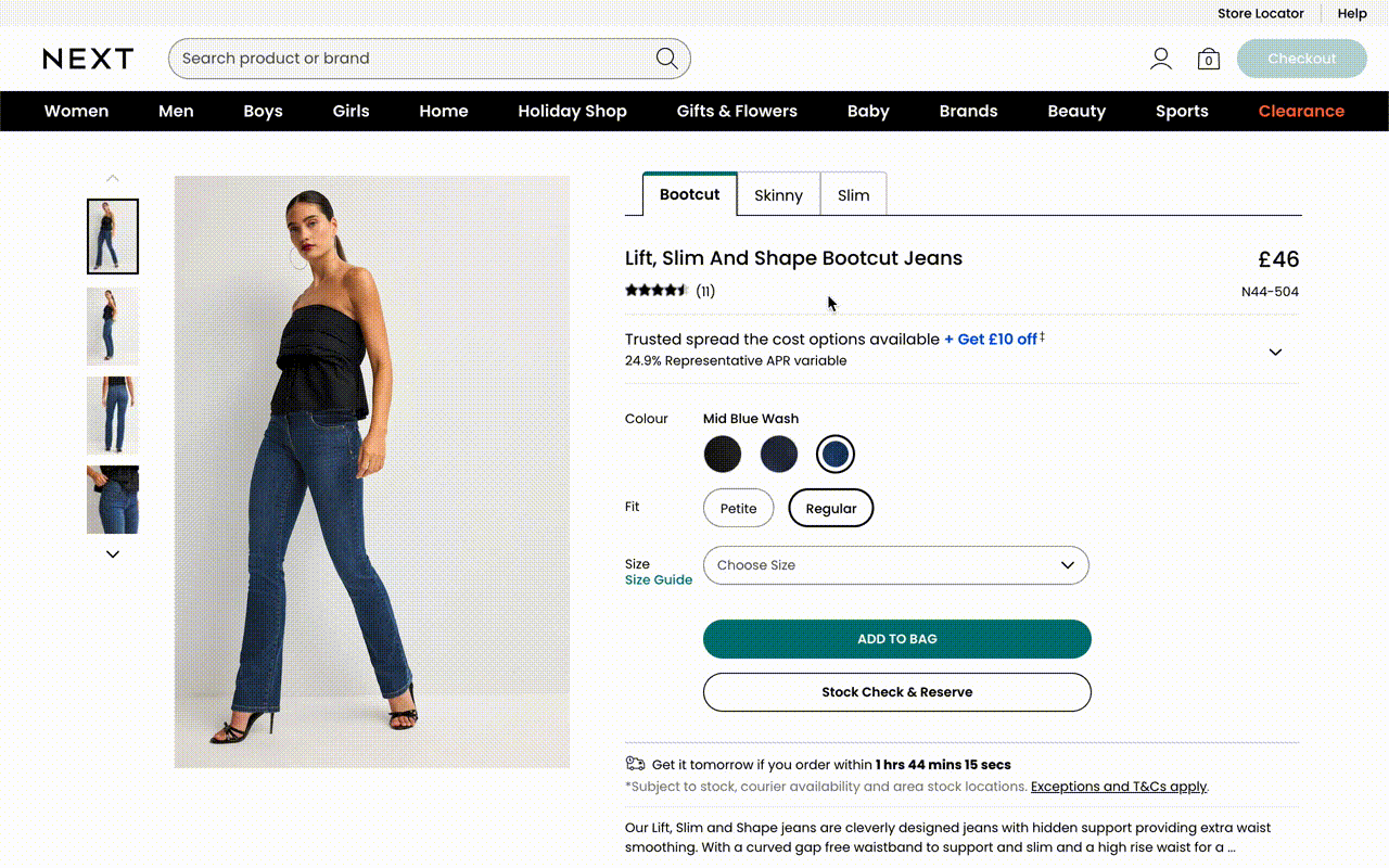 A gif showing the live implementation of tabs on jeans showing different fits in the tabs including bootcut, skinny and slim on desktop