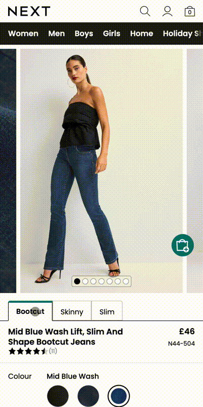 A gif showing the live implementation of tabs on jeans showing different fits in the tabs including bootcut, skinny and slim on mobile