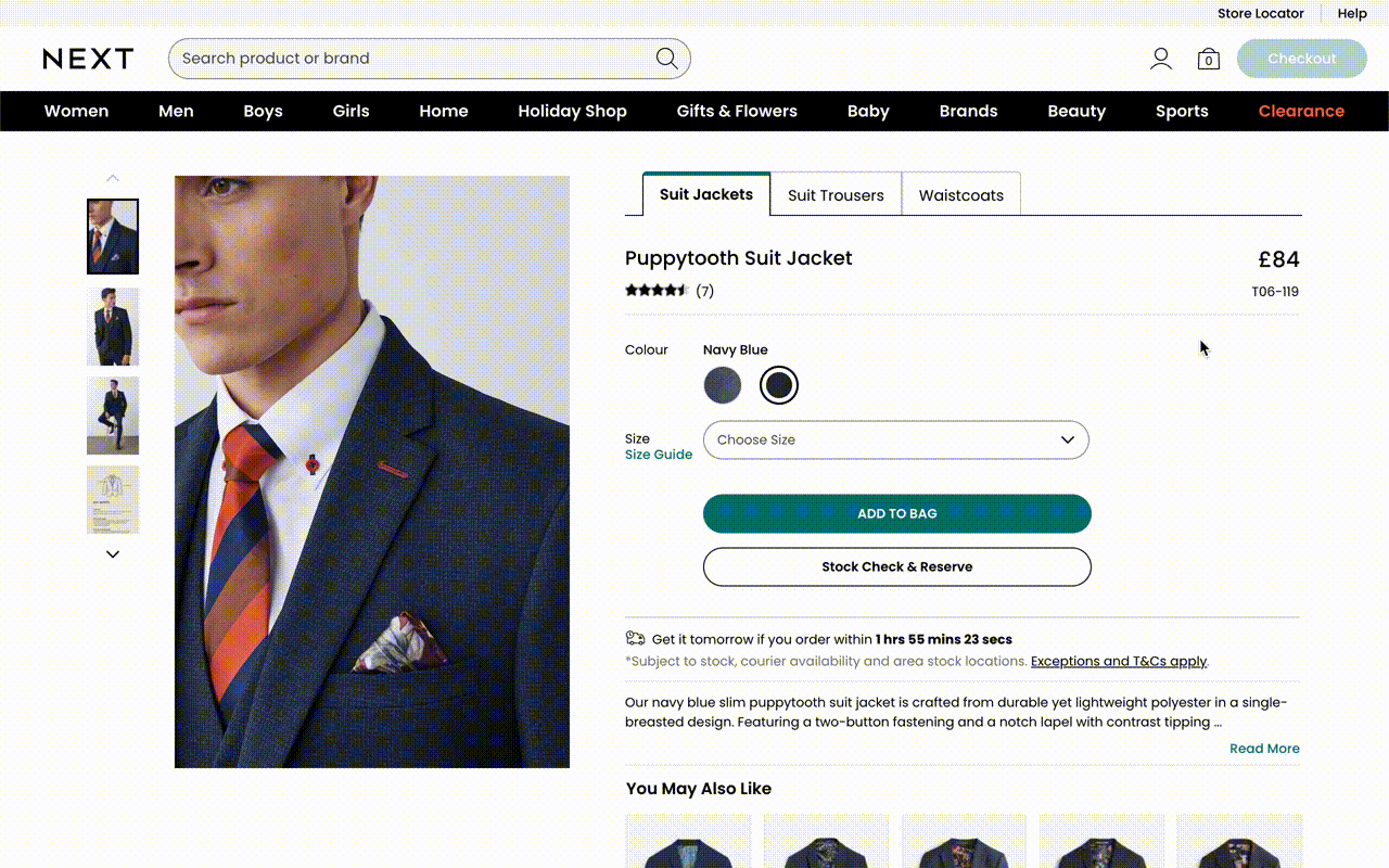 A gif showing the live implementation of tabs on a suit item showing suit jackets, suit trousers and a waistcoat on desktop