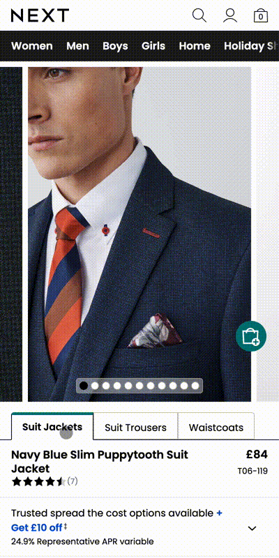 A gif showing the live implementation of tabs on a suit item showing suit jackets, suit trousers and a waistcoat on mobile