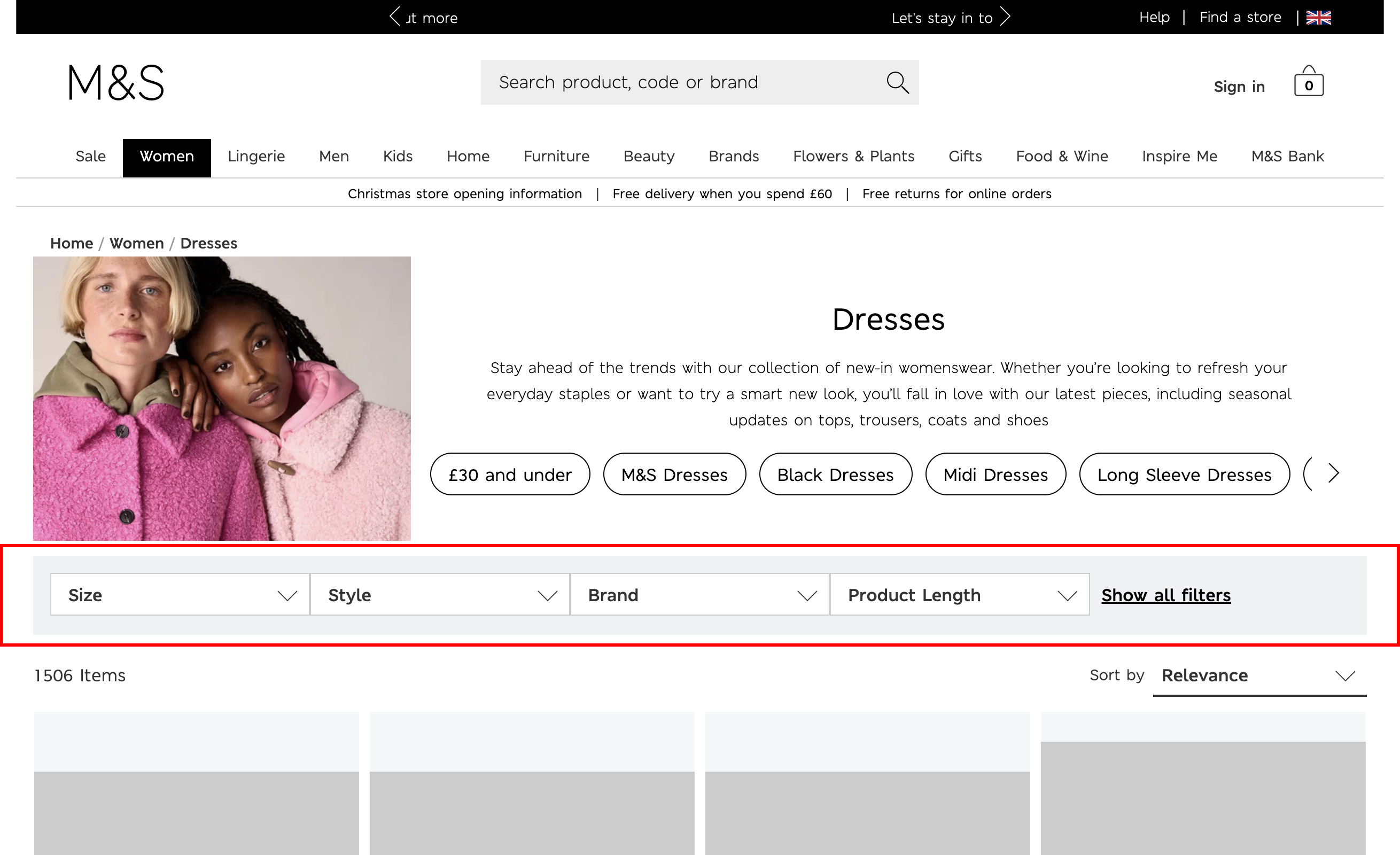 A screenshot of M&S' dresses PLP from October 2022 for comp analysis showing horizontal filters