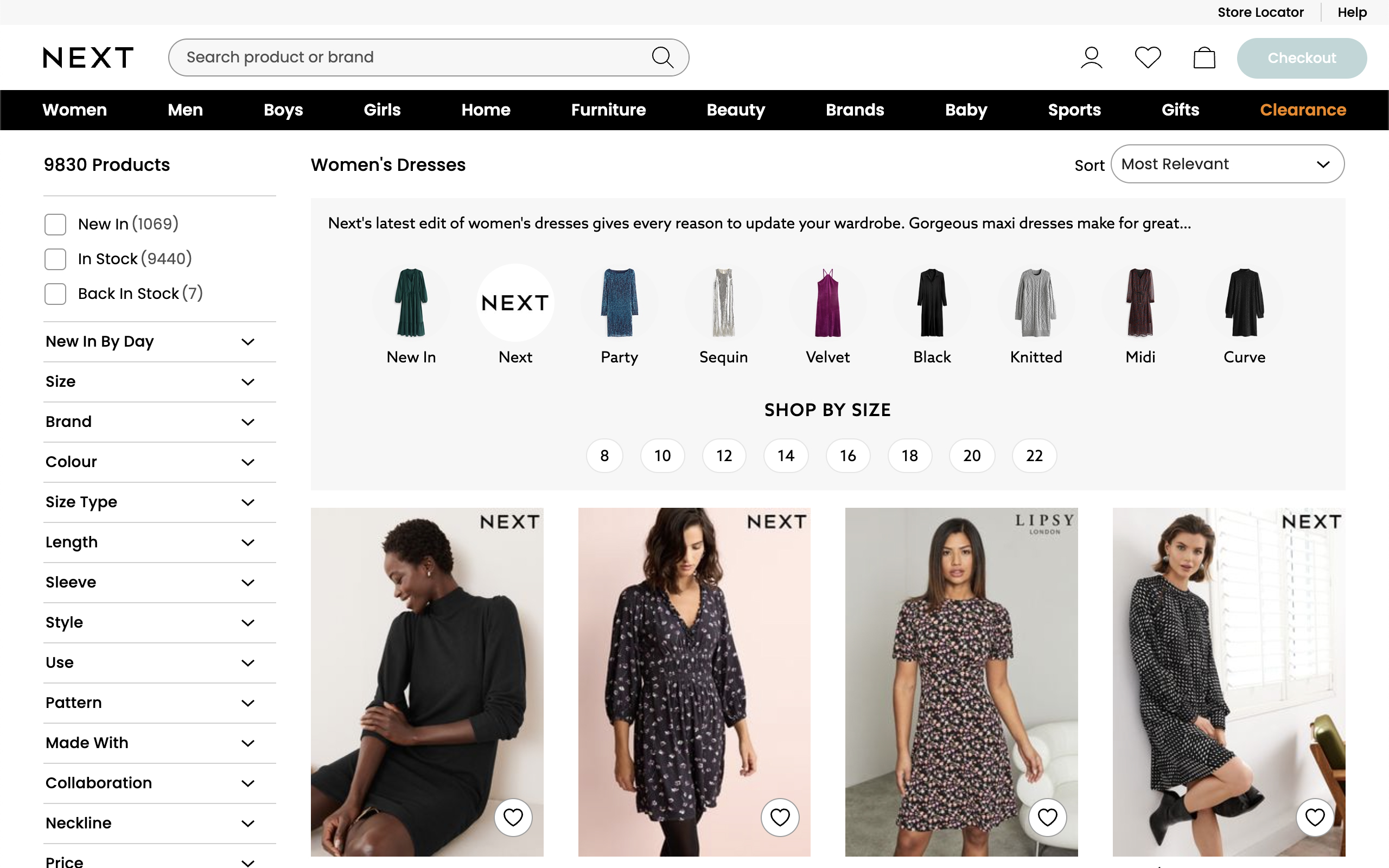A screenshot of Next's dresses PLP from October 2022 prior to horizontal filters