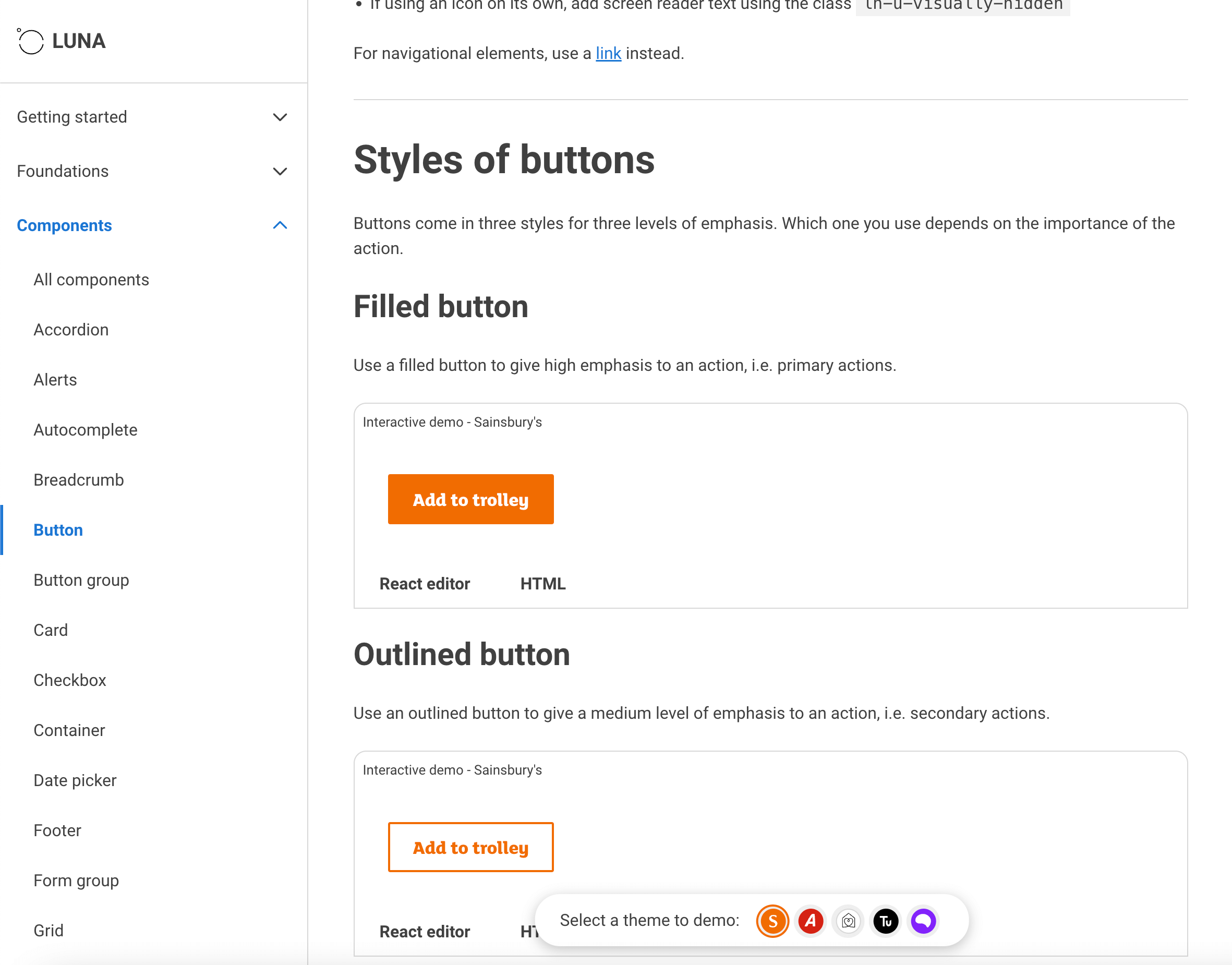 A screenshot of Sainsbury's public facing design system